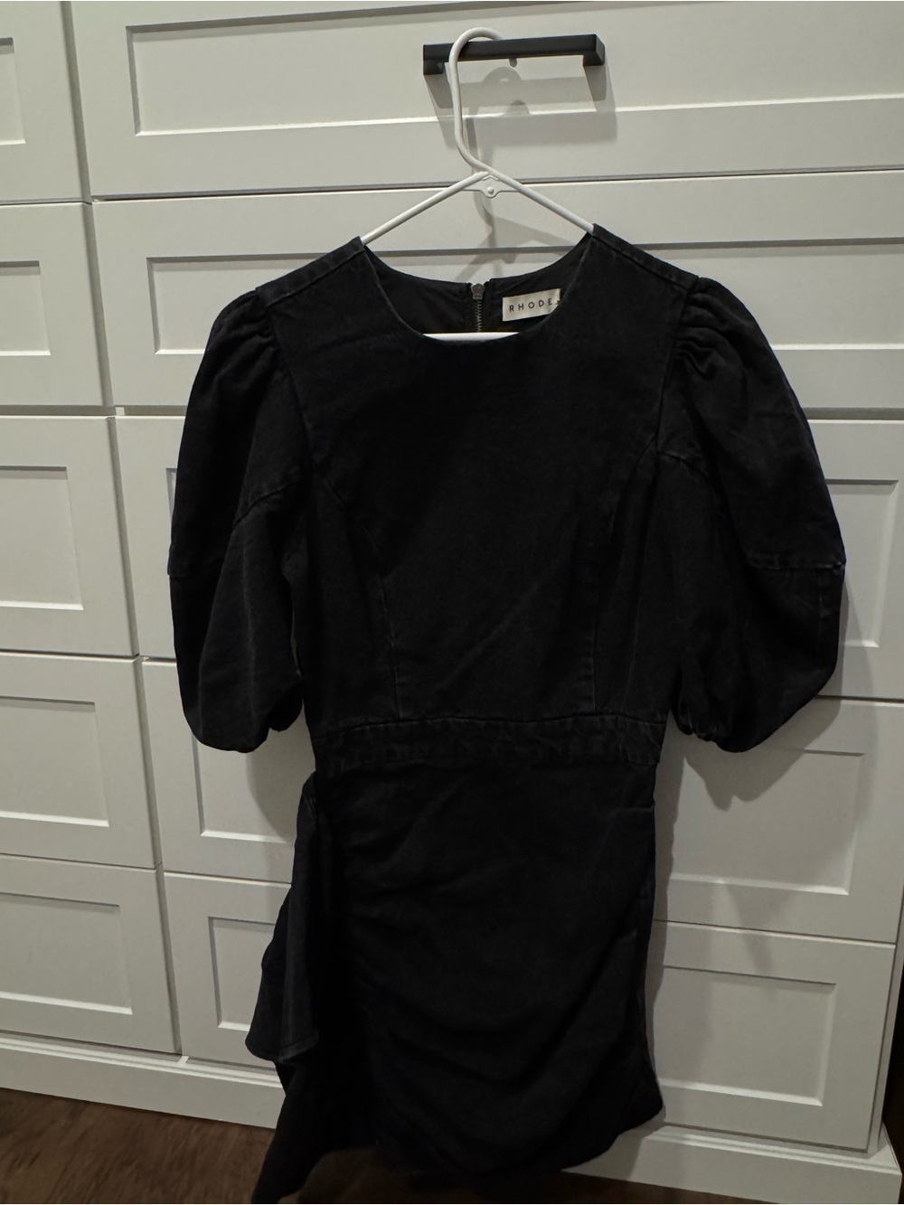 RHODE PIA denim Black Puff-Sleeve Mini Dress size small NEW